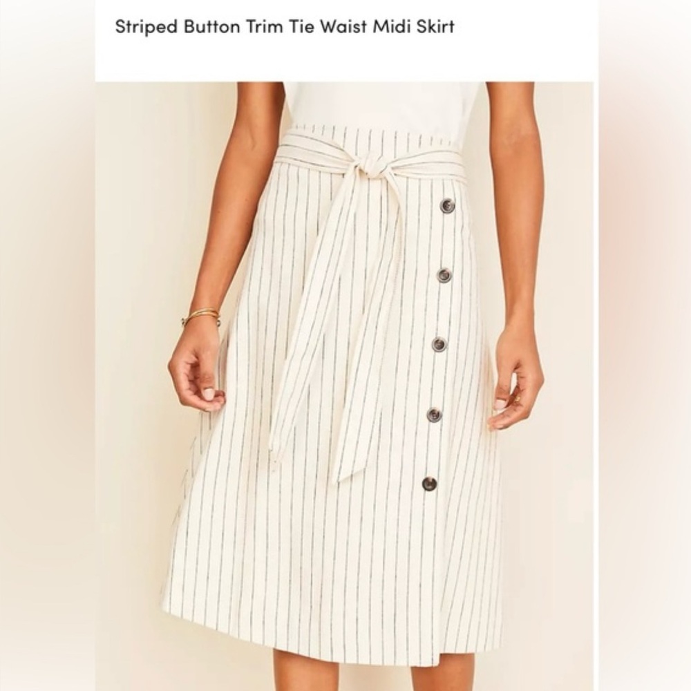Striped Button Trim Tie Waist Midi Skirt size 12 Ann Taylor linen blend